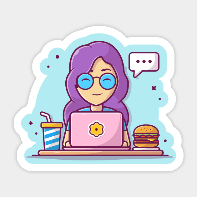 Woman Operating Laptop With Burger And Soft Drink And speech Bubble Cartoon Sticker by Catalyst Labs